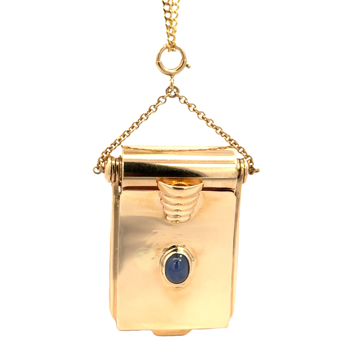 Vintage 14K Gold Picture Locket With Sapphire Cabochon & Miniature Watch