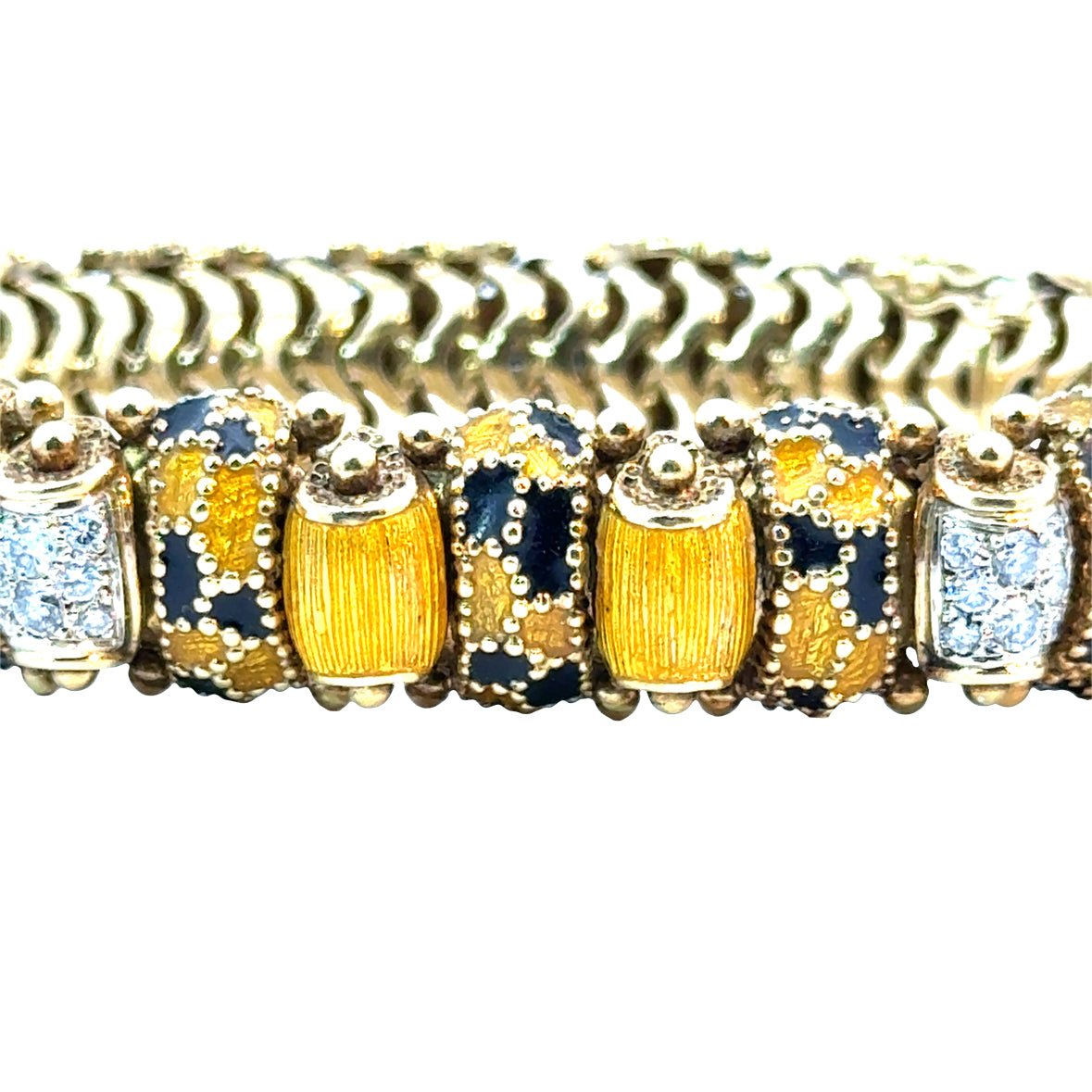 Mid-Century 18K Gold Blue & Yellow Enamel Bracelet with Diamond Clusters
