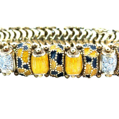 Mid-Century 18K Gold Blue & Yellow Enamel Bracelet with Diamond Clusters