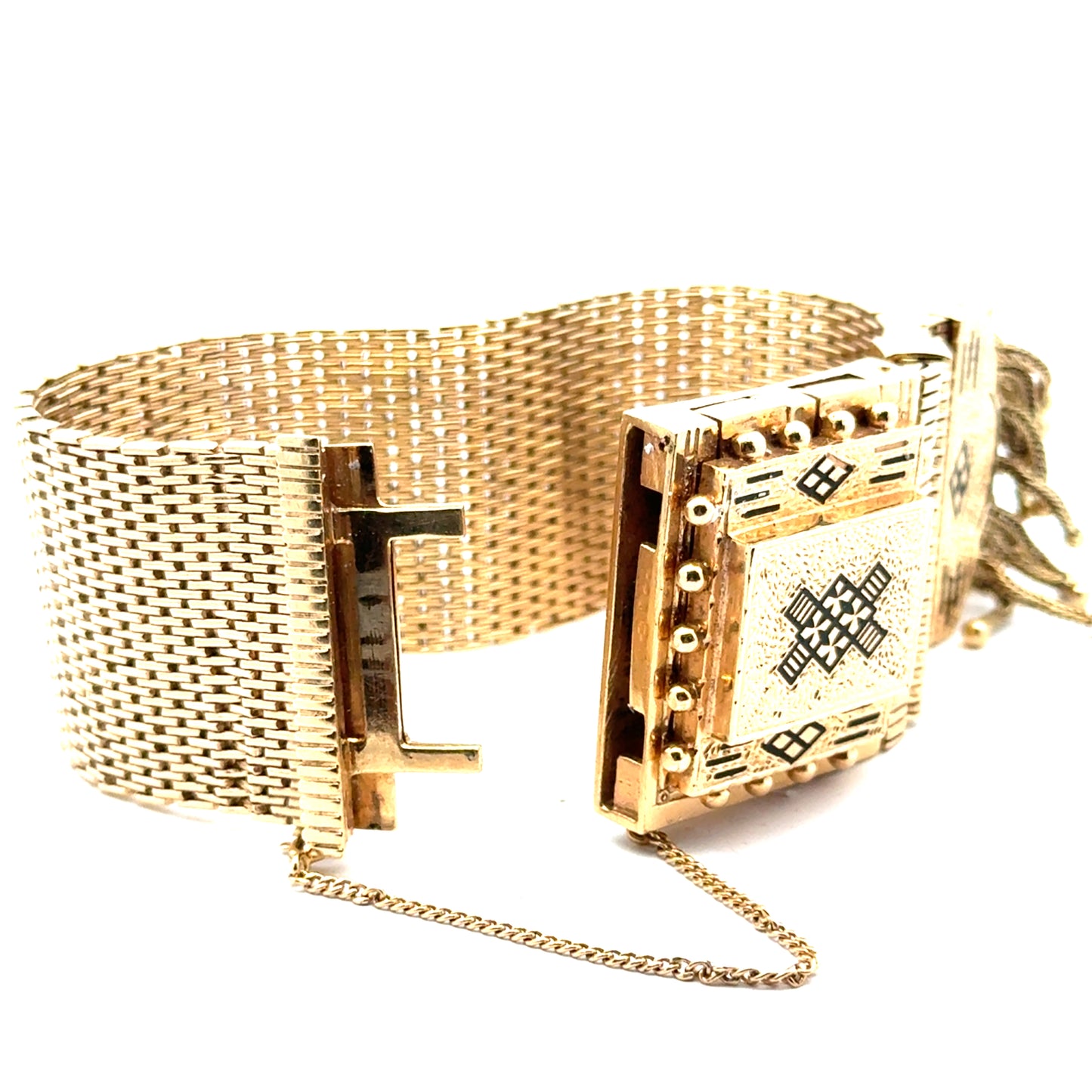 Antique Late Edwardian 14K Yellow Gold Black Enamel Tassel Wristwatch/Bracelet by Perle