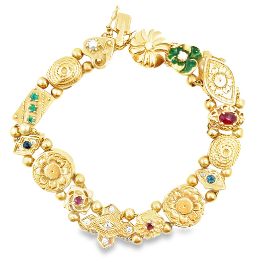 Vintage 14K Yellow Gold Multi-Charm Bracelet with Gemstones & Enamel