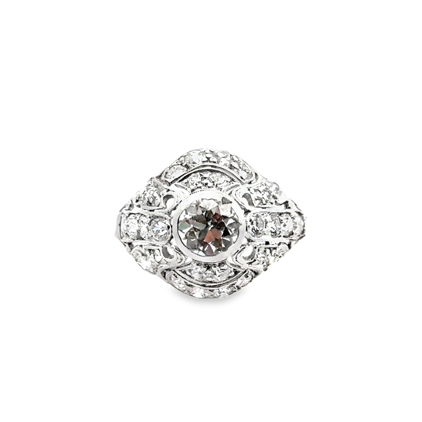 Art Deco Platinum Diamond Ring with Scrollwork and Accent Diamonds