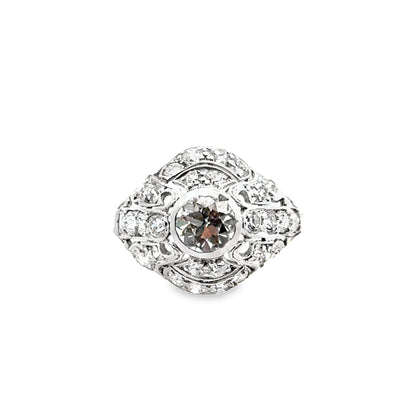 Art Deco Platinum Diamond Ring with Scrollwork and Accent Diamonds