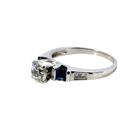 14K White Gold Engagement Ring Featuring Diamond & Sapphire Accents