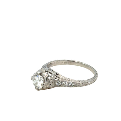 Art Deco Platinum Diamond Ring with Engraved Shoulders – Circa 1920s