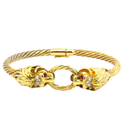 18K Gold Lion Head Bangle Bracelet with Ruby Eyes and Diamond Crown