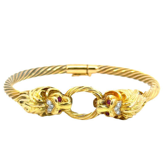 18K Gold Lion Head Bangle Bracelet with Ruby Eyes and Diamond Crown