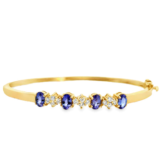 14K Yellow Gold Hinged Bangle Bracelet with Tanzanite and Diamonds