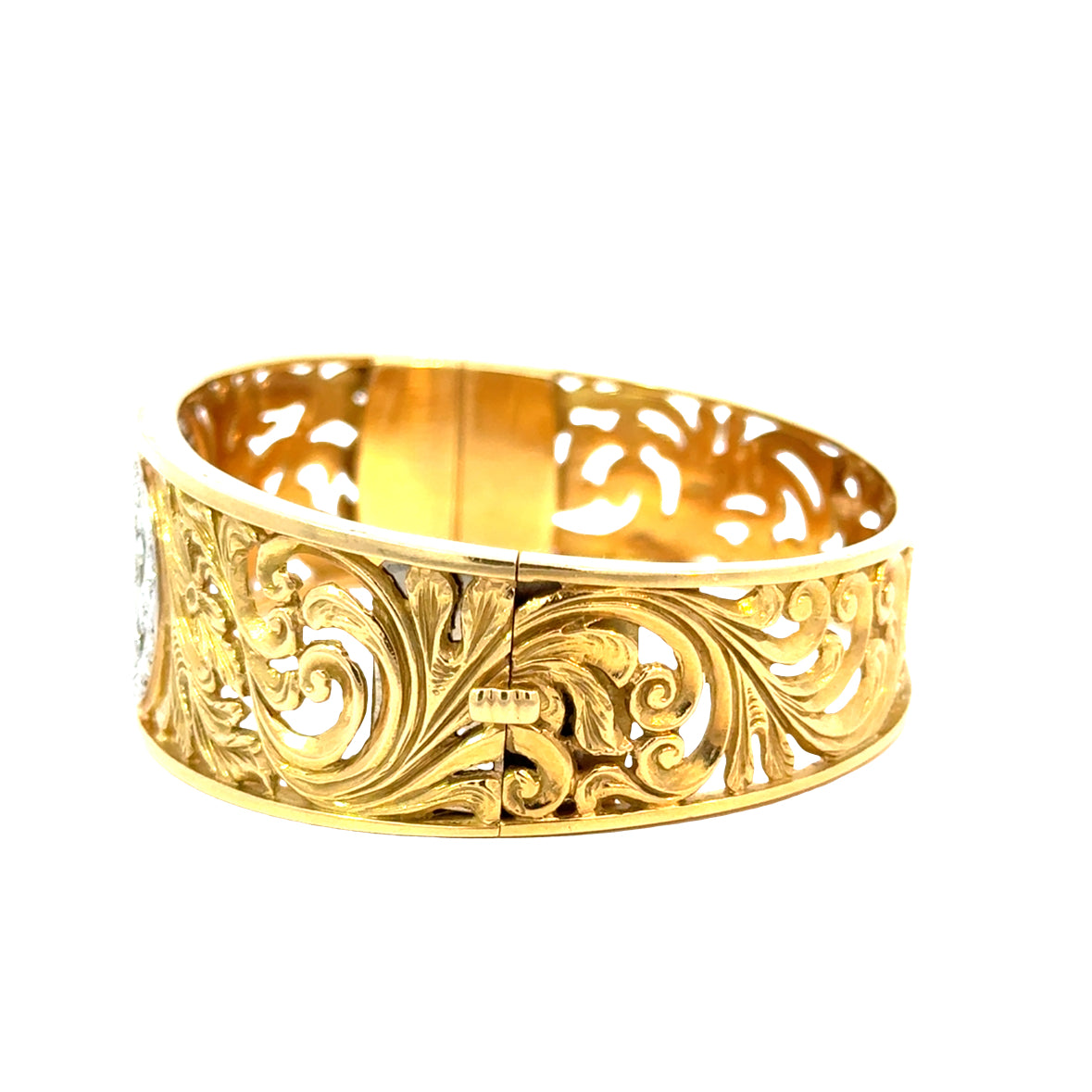 Luxury 18K Yellow & White Gold Diamond Scrollwork Bangle