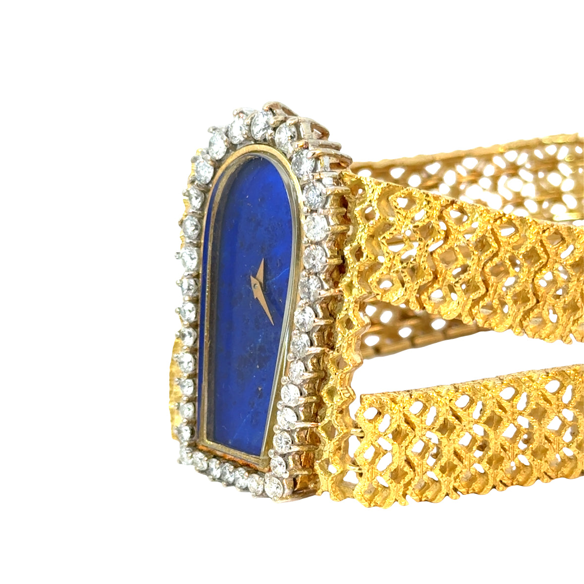 Luxury 18K Gold Bracelet Watch with Lapis Dial & Diamonds - Couture Estate Statement