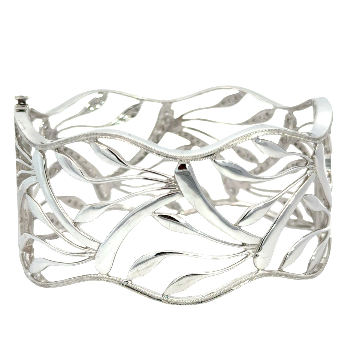 Sculpted Leaf 18K White Gold Diamond Pavé Openwork Cuff Bracelet