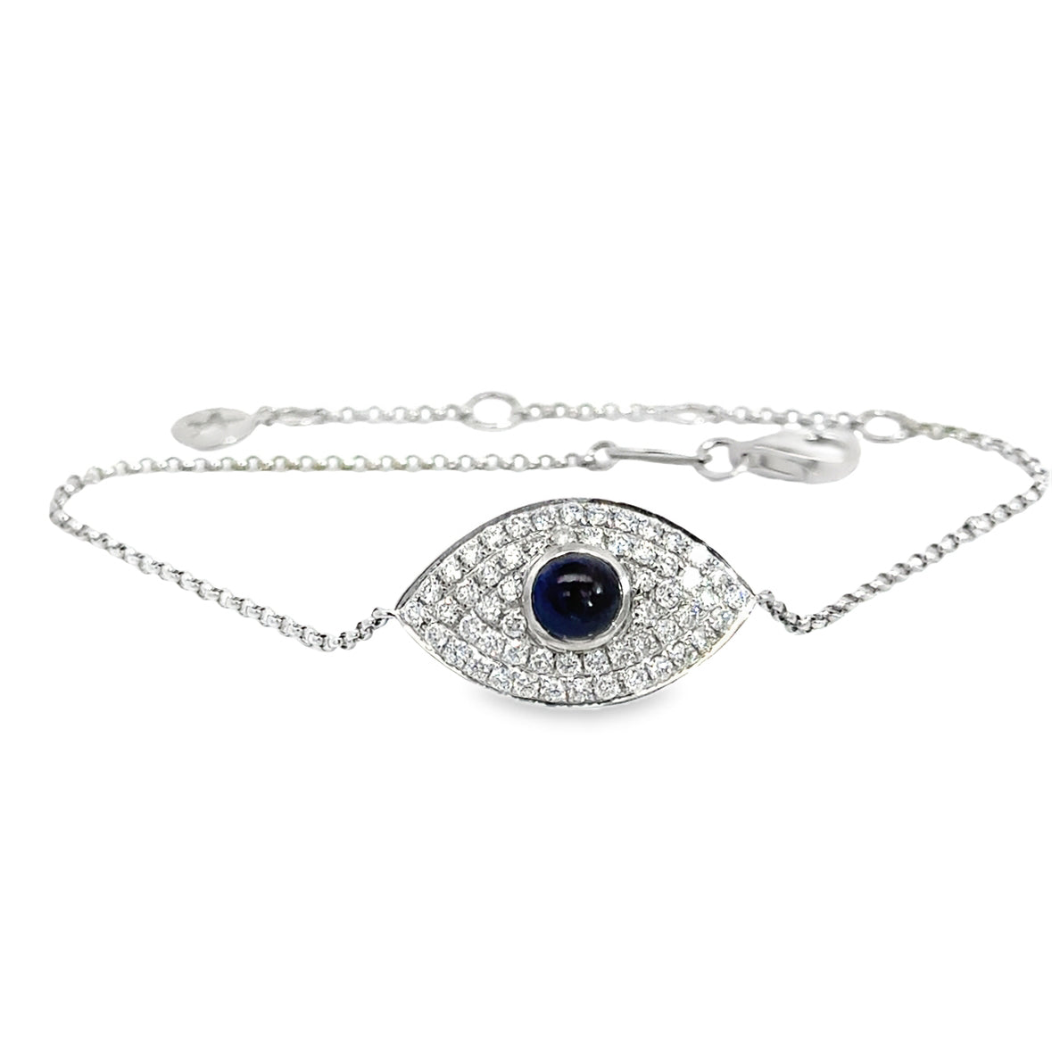 Children’s Sapphire & Diamond Evil Eye Bracelet – 18K White Gold, Adjustable Length