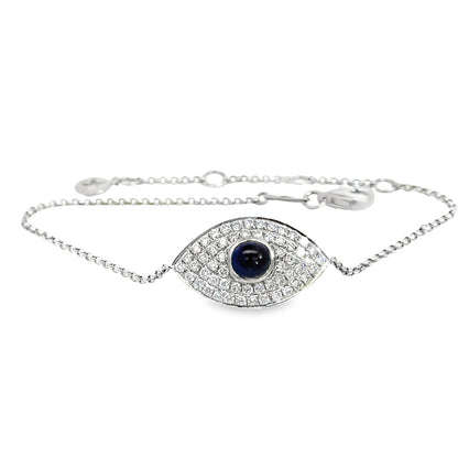 Children’s Sapphire & Diamond Evil Eye Bracelet – 18K White Gold, Adjustable Length