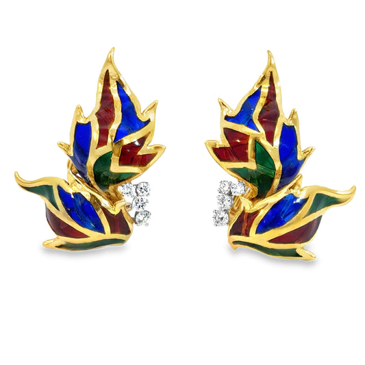 Vintage 18K Gold Multicolor Enamel Leaf Earrings with Diamond Centers