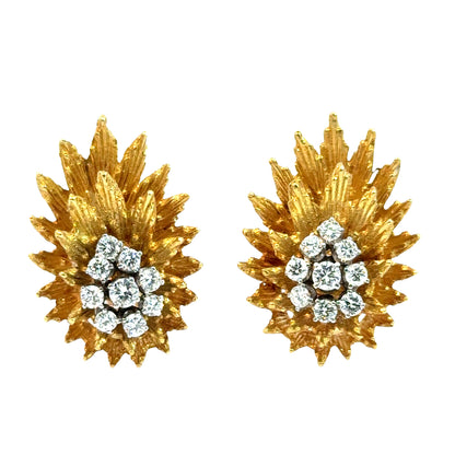 Vintage 18K Yellow Gold Diamond Sunburst Clip-On Earrings