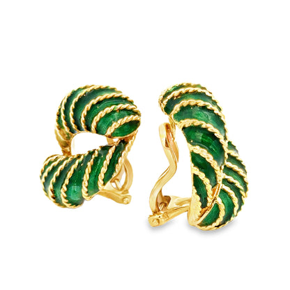 18K Yellow Gold Green Enamel Twisted Rope Clip-On Earrings