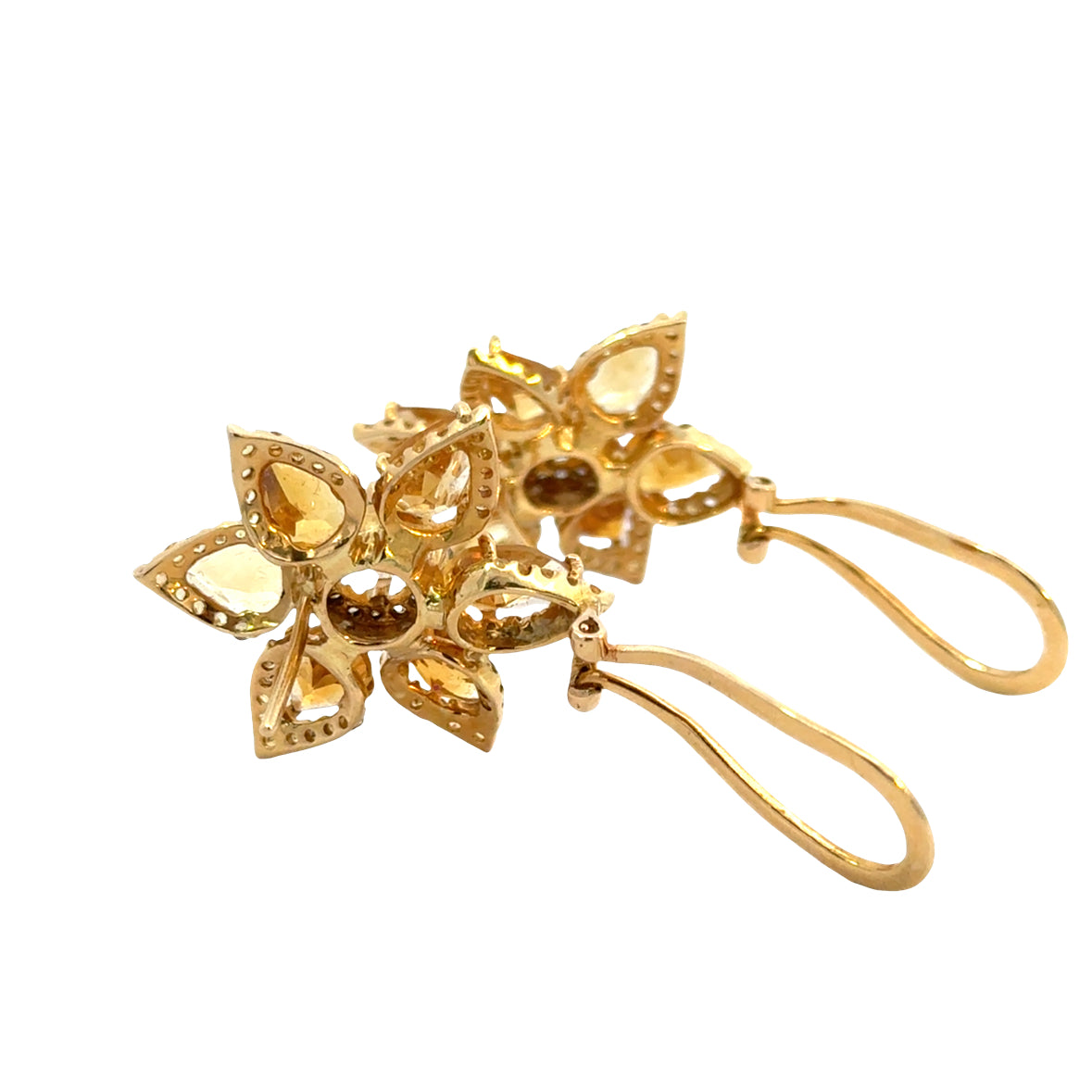 18K Yellow Gold Citrine Flower Earrings with Diamond Edges