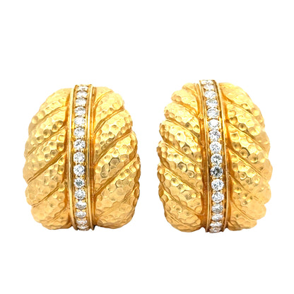 18K Yellow Gold Diamond Textured Half-Hoop Convertible Clip-On Earrings