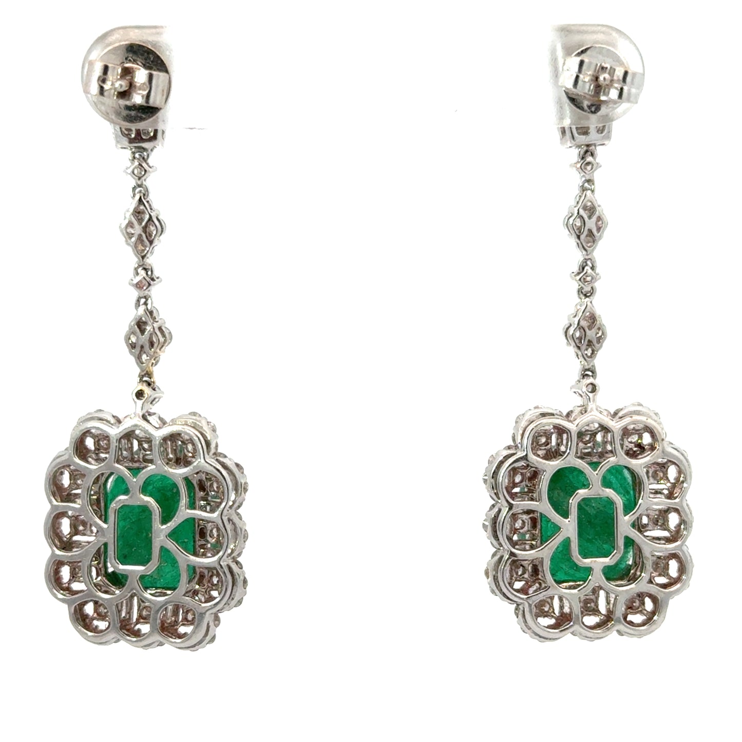 Luxurious 18K White Gold Emerald & Diamond Drop Earrings