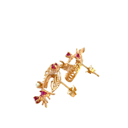 Mid-Century Ruby and Pearl Swirl Earrings in Yellow Gold