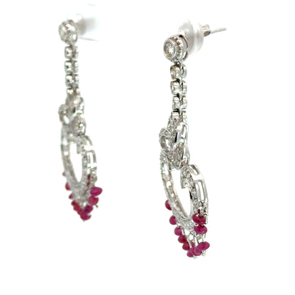 18K White Gold Diamond & Ruby Bow Chandelier Earrings