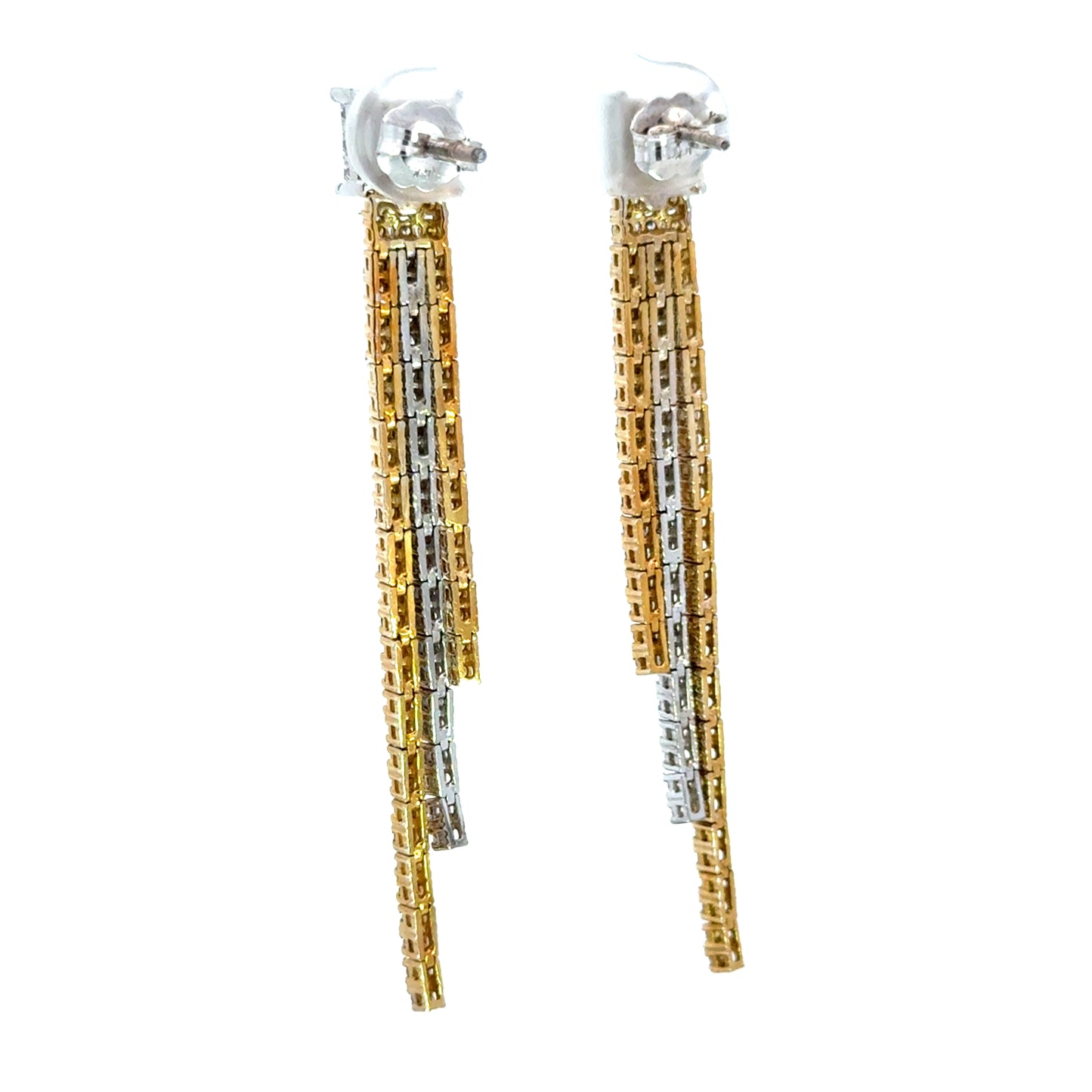 14K White Gold White & Yellow Diamond Long Drop Fringe Earrings