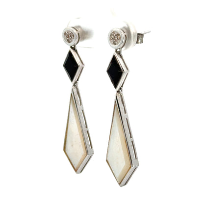 White Gold Diamond, Onyx & Mother-of-Pearl Drop Earrings