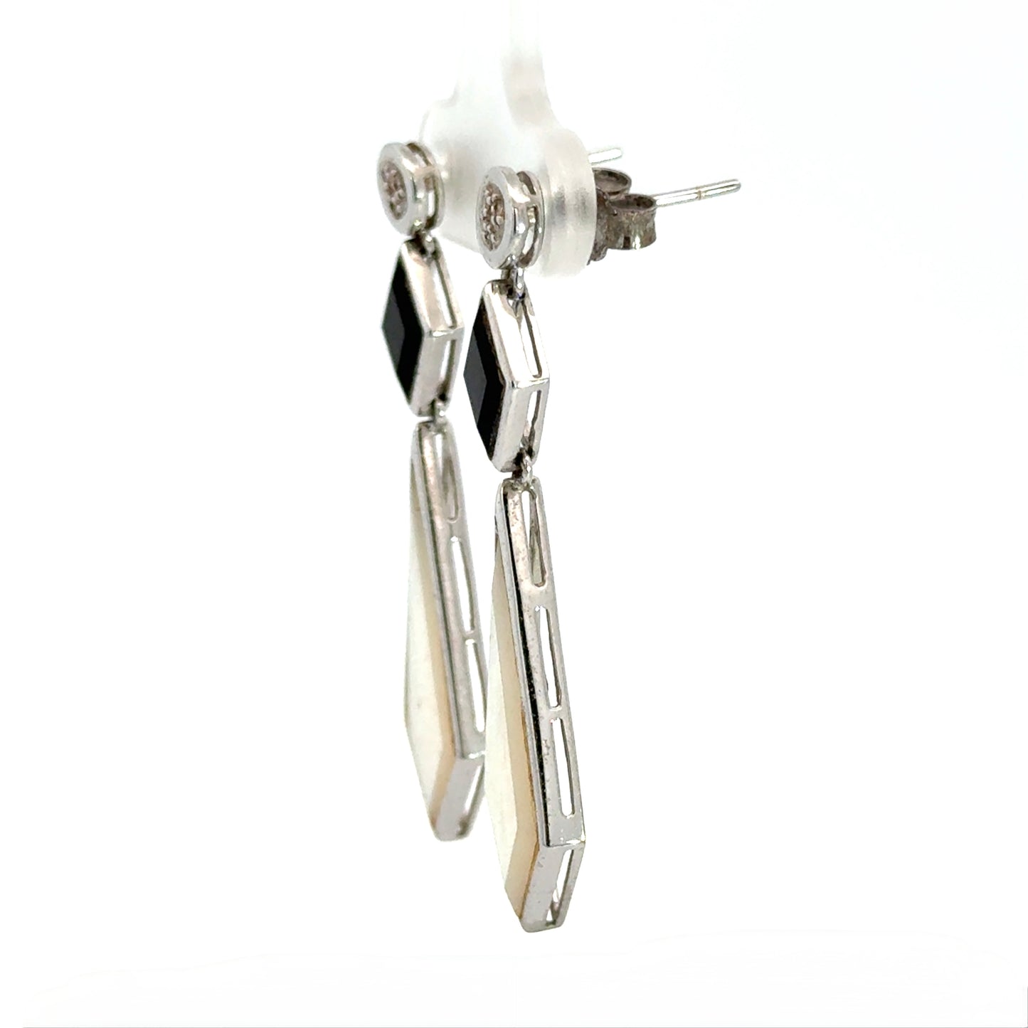 White Gold Diamond, Onyx & Mother-of-Pearl Drop Earrings
