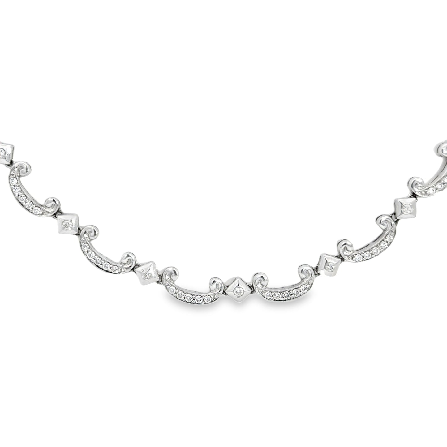 Diamond Scroll Link Necklace 18K White Gold 16”