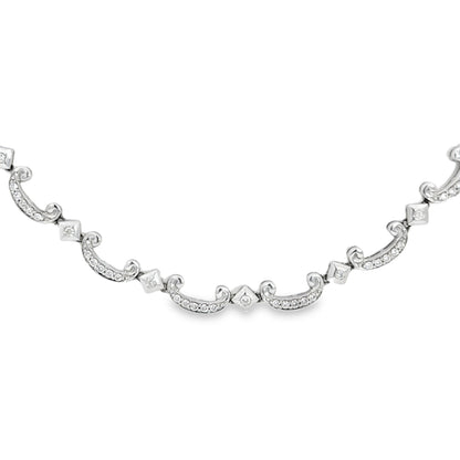 Diamond Scroll Link Necklace 18K White Gold 16”