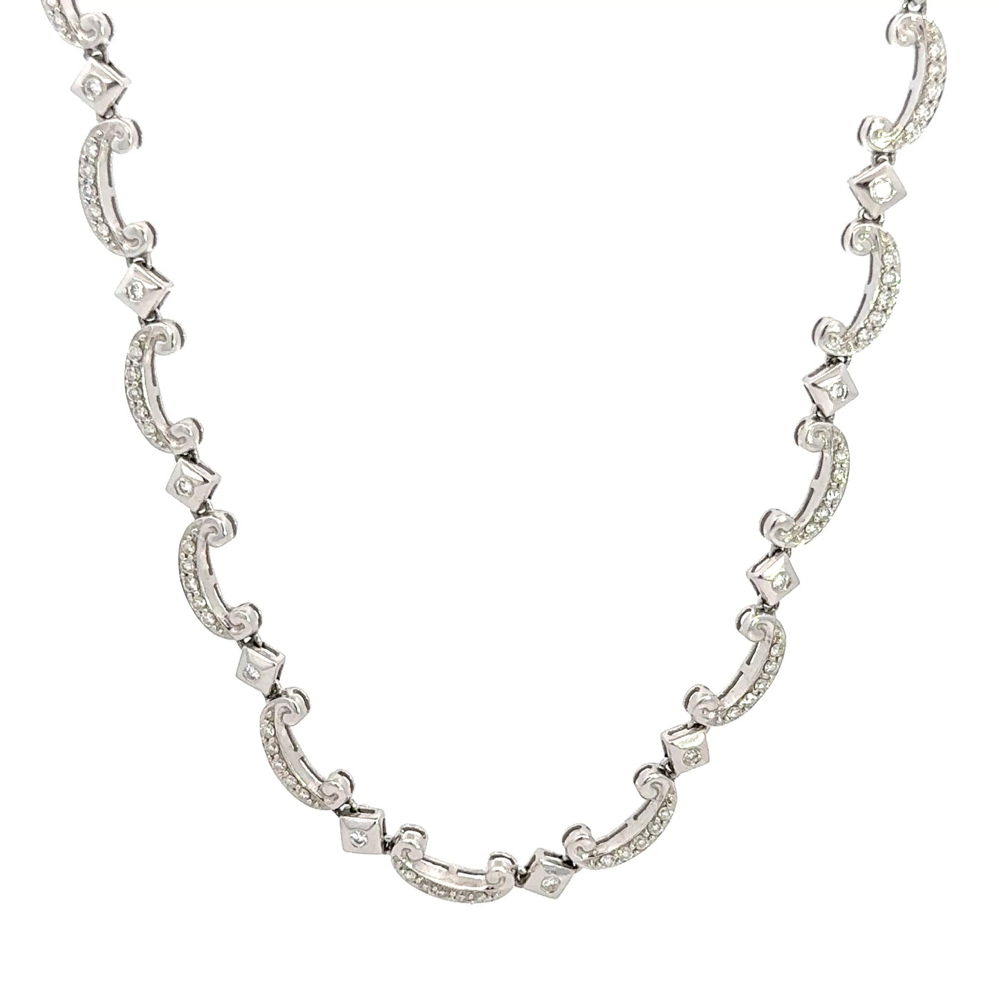 Diamond Scroll Link Necklace 18K White Gold 16”
