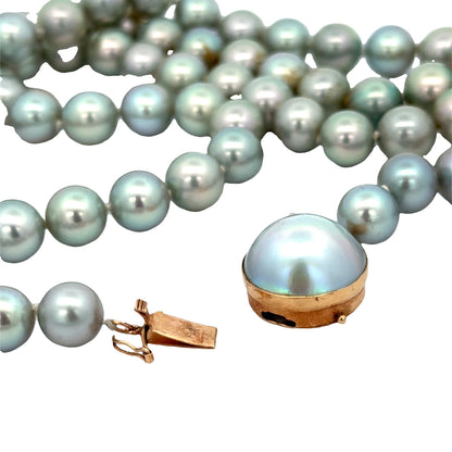 Natural Gray Pearl Necklace 35” with Blue-Green Overtone & 14K Gold Pearl Clasp