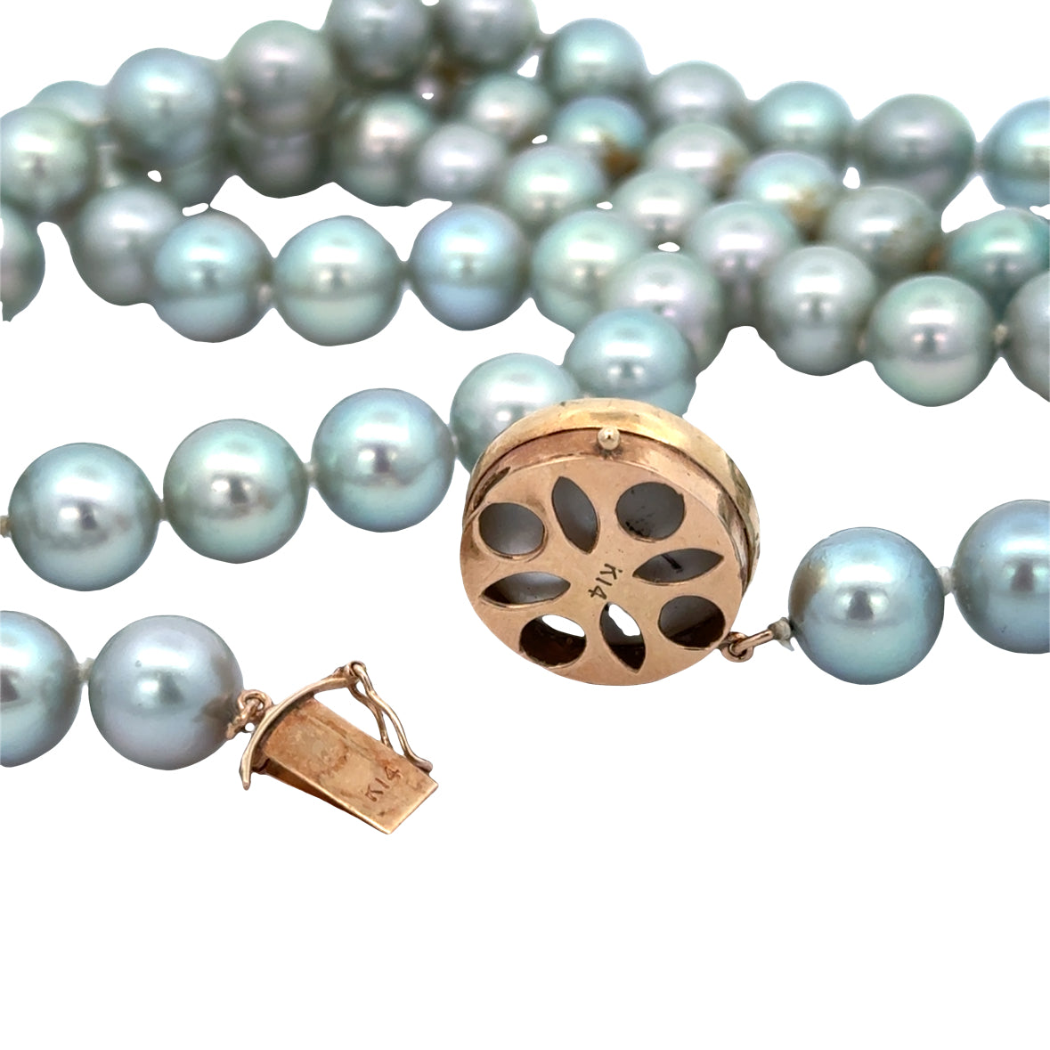 Natural Gray Pearl Necklace 35” with Blue-Green Overtone & 14K Gold Pearl Clasp