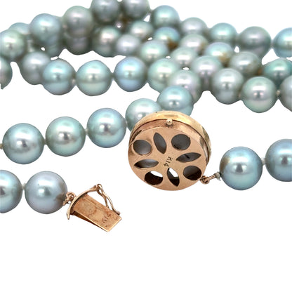 Natural Gray Pearl Necklace 35” with Blue-Green Overtone & 14K Gold Pearl Clasp