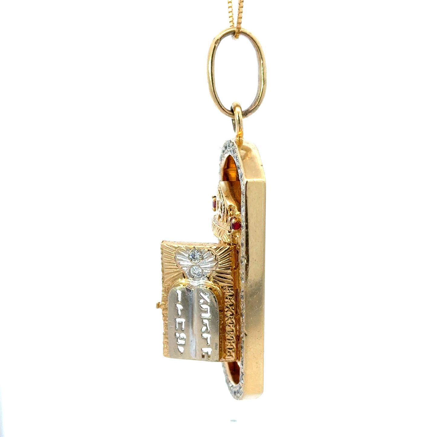 14K Yellow Gold Ten Commandments Torah Scroll Pendant with Diamonds & Rubies