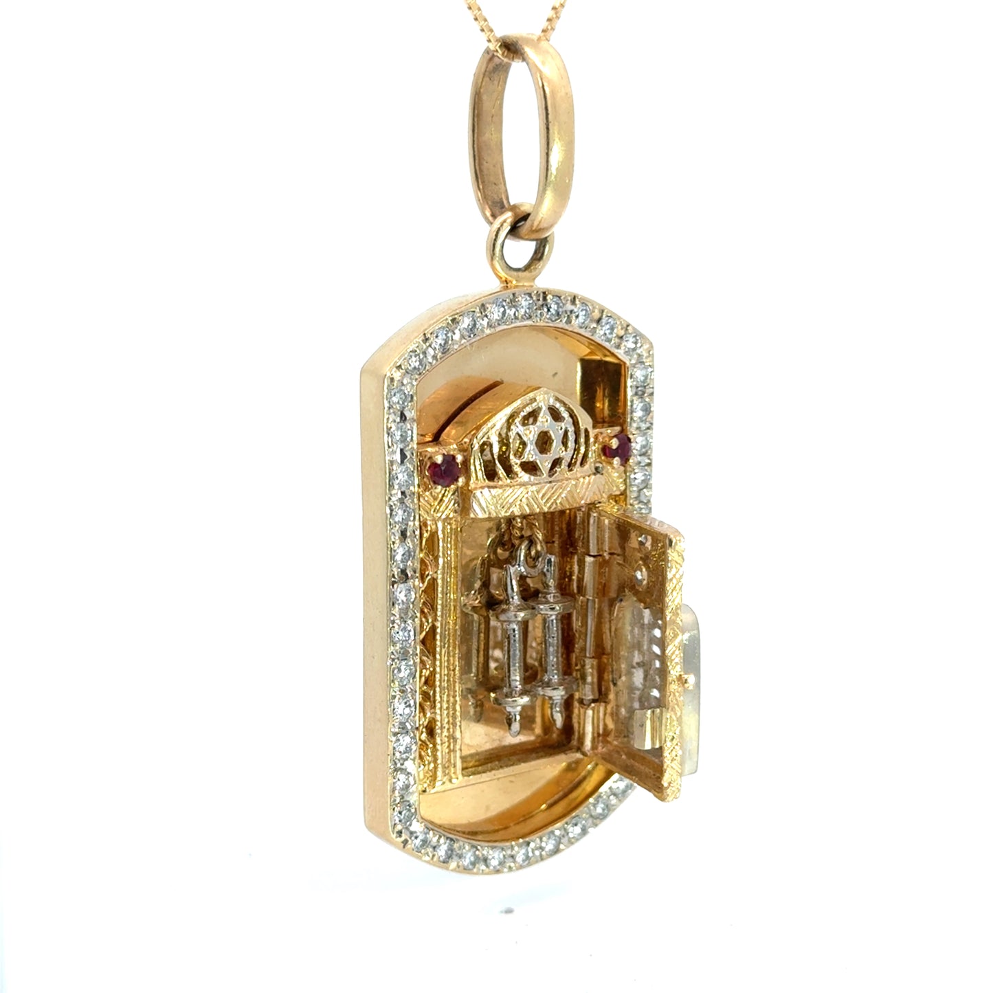 14K Yellow Gold Ten Commandments Torah Scroll Pendant with Diamonds & Rubies