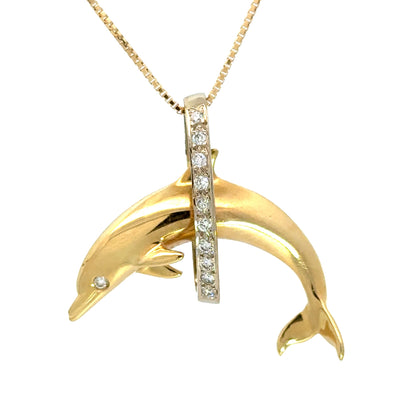 14K Yellow Gold Dolphin Pendant with Diamond Hoop & Diamond Eye