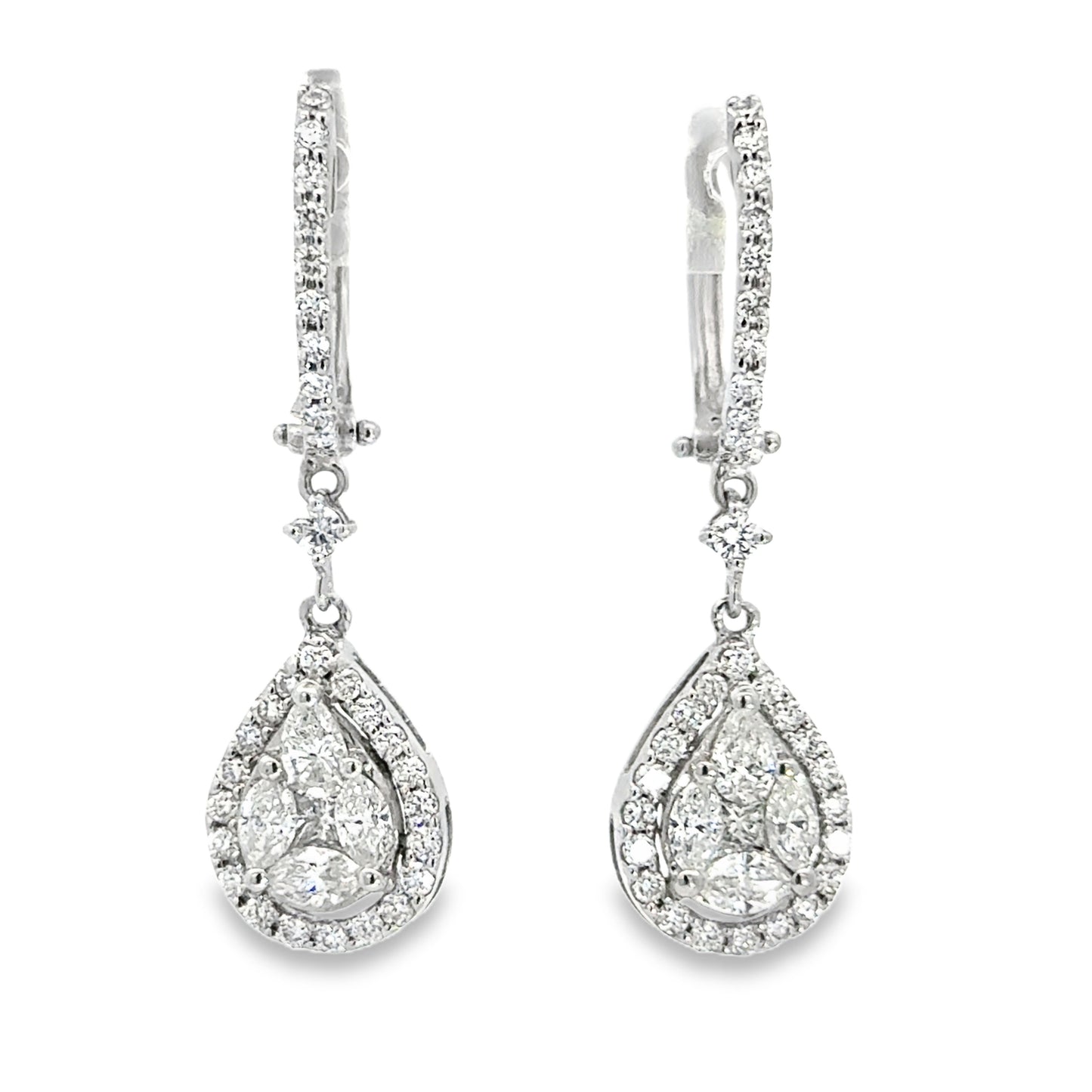 18K White Gold Diamond Teardrop Drop Earrings – Halo Cluster Design