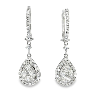 18K White Gold Diamond Teardrop Drop Earrings – Halo Cluster Design
