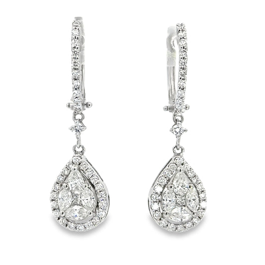 18K White Gold Diamond Teardrop Drop Earrings – Halo Cluster Design