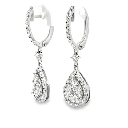 18K White Gold Diamond Teardrop Drop Earrings – Halo Cluster Design