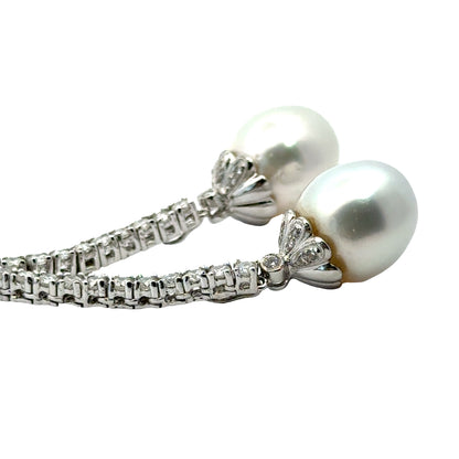 18K White Gold Diamond Tennis Lariat Necklace with South Sea Pearl Drops