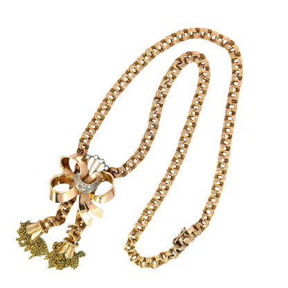 Retro 18K Rose Gold Bow & Tassel Necklace with Diamond Crescent Moon