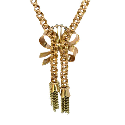 Retro 18K Rose Gold Bow & Tassel Necklace with Diamond Crescent Moon