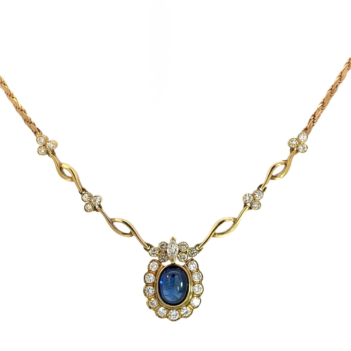 Vintage 18K Gold Sapphire and Diamond Halo Necklace – Estate Blue Sapphire Pendant