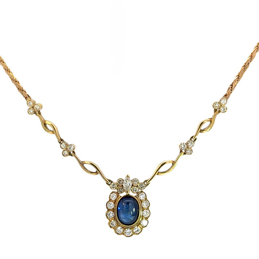 Vintage 18K Gold Sapphire and Diamond Halo Necklace – Estate Blue Sapphire Pendant