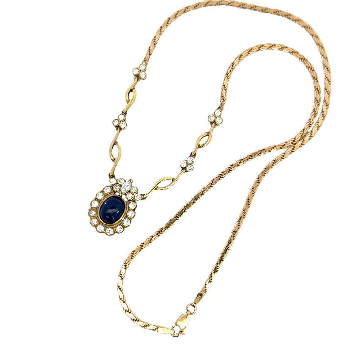 Vintage 18K Gold Sapphire and Diamond Halo Necklace – Estate Blue Sapphire Pendant