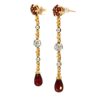 Elegant Garnet Teardrop & Diamond Earrings in 14K Yellow Gold