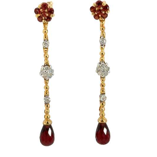 Elegant Garnet Teardrop & Diamond Earrings in 14K Yellow Gold