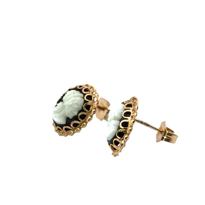 Yellow Gold Shell Cameo & Black Onyx Earrings